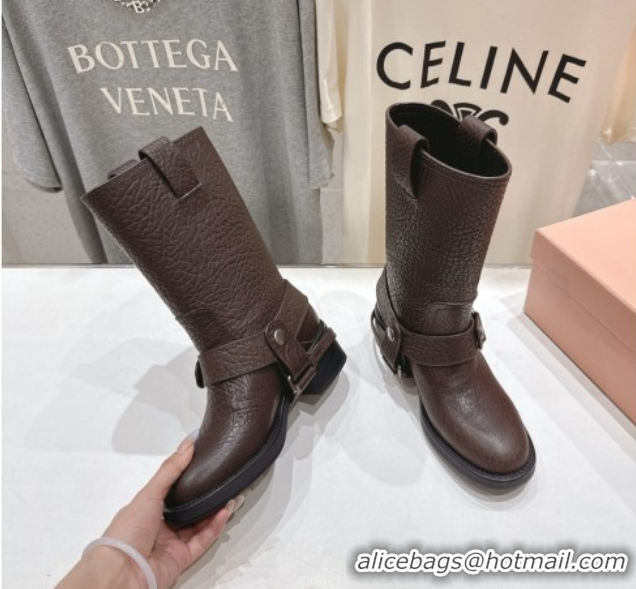 Charming Miu Miu Embossed Leather Flat Ankle Boots with Buckle Brown MM102404 1024134 2025