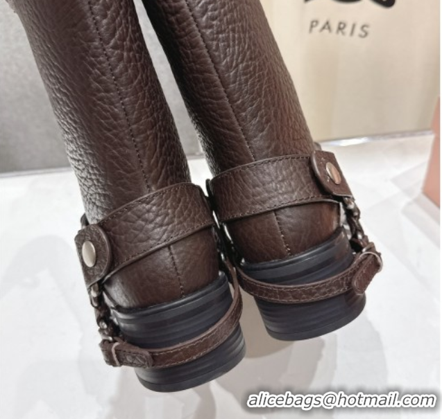 Charming Miu Miu Embossed Leather Flat Ankle Boots with Buckle Brown MM102404 1024134 2025