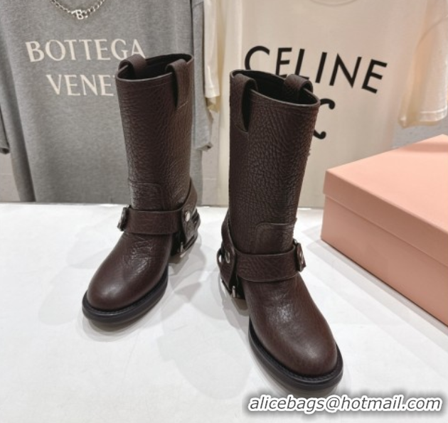 Charming Miu Miu Embossed Leather Flat Ankle Boots with Buckle Brown MM102404 1024134 2025