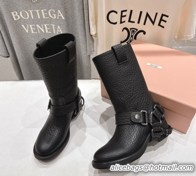 Good Product Miu Miu Embossed Leather Flat Ankle Boots with Buckle Black MM102404 1024135 2025