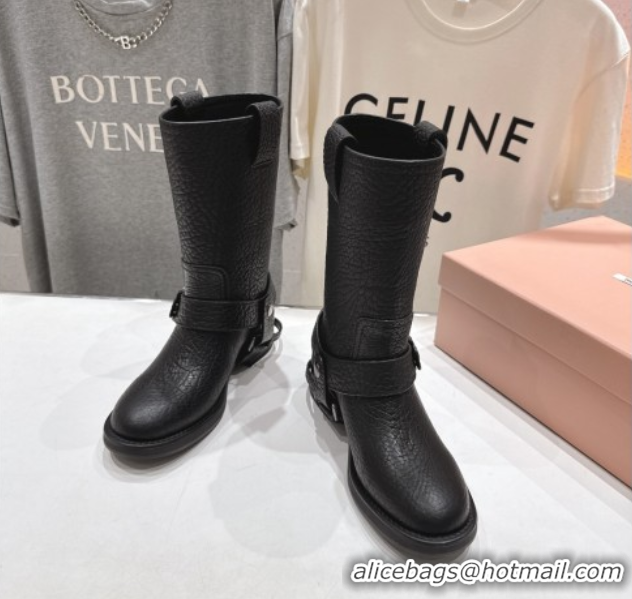 Good Product Miu Miu Embossed Leather Flat Ankle Boots with Buckle Black MM102404 1024135 2025