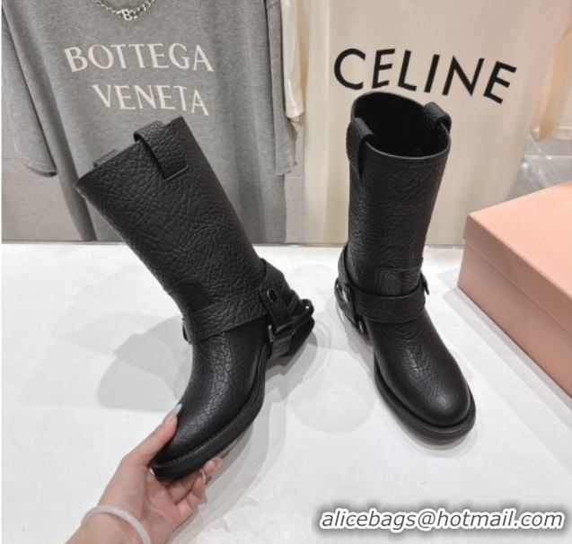 Good Product Miu Miu Embossed Leather Flat Ankle Boots with Buckle Black MM102404 1024135 2025