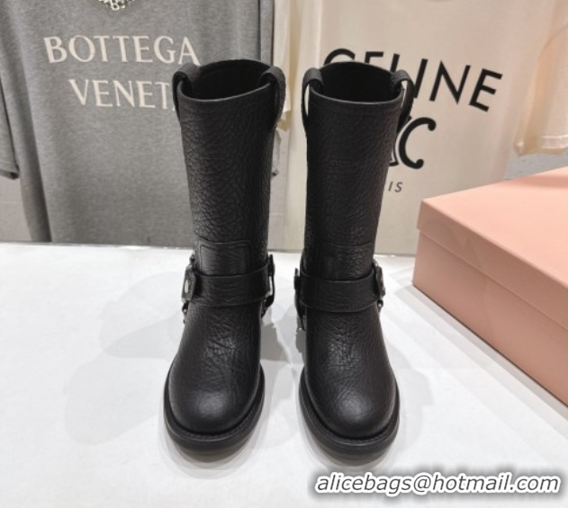 Good Product Miu Miu Embossed Leather Flat Ankle Boots with Buckle Black MM102404 1024135 2025