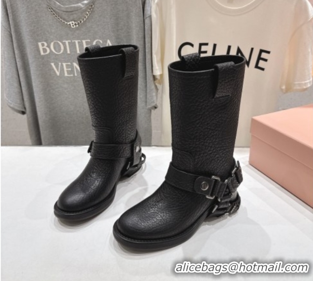 Good Product Miu Miu Embossed Leather Flat Ankle Boots with Buckle Black MM102404 1024135 2025