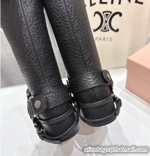 Good Product Miu Miu Embossed Leather Flat Ankle Boots with Buckle Black MM102404 1024135 2025