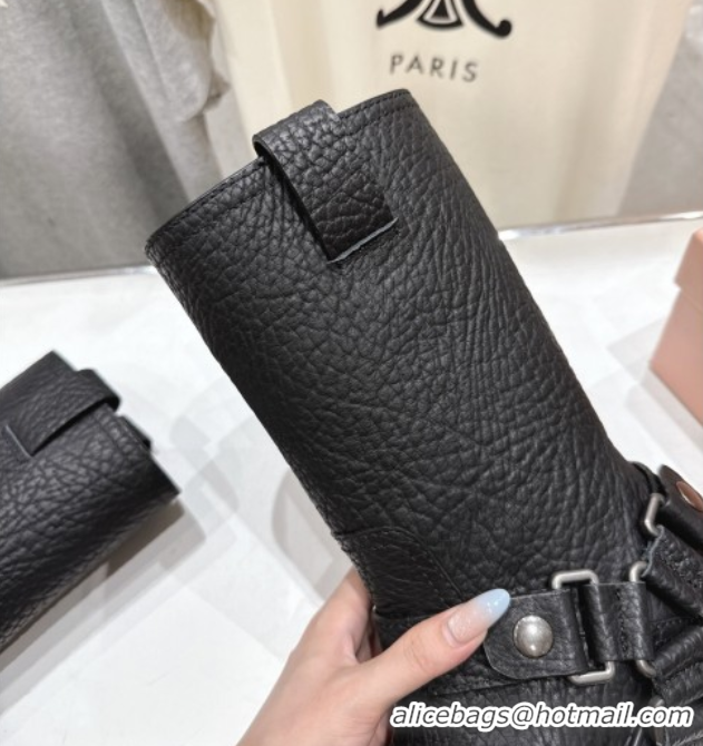 Good Product Miu Miu Embossed Leather Flat Ankle Boots with Buckle Black MM102404 1024135 2025