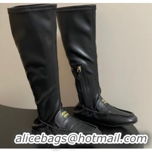 Shop Duplicate Miu Miu Ruches Nappa Leather Flat High Boots Black 5W482E 1024139 2025