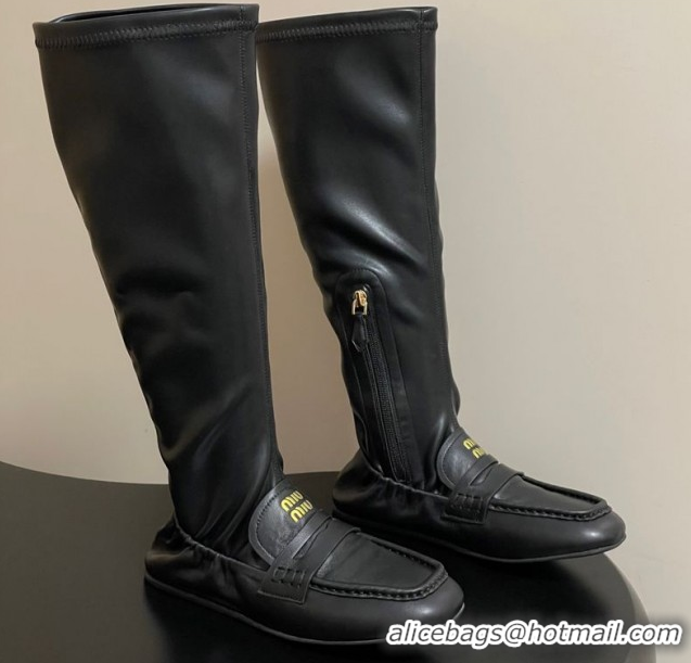 Shop Duplicate Miu Miu Ruches Nappa Leather Flat High Boots Black 5W482E 1024139 2025