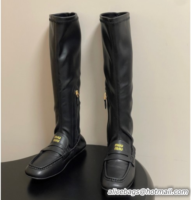 Shop Duplicate Miu Miu Ruches Nappa Leather Flat High Boots Black 5W482E 1024139 2025