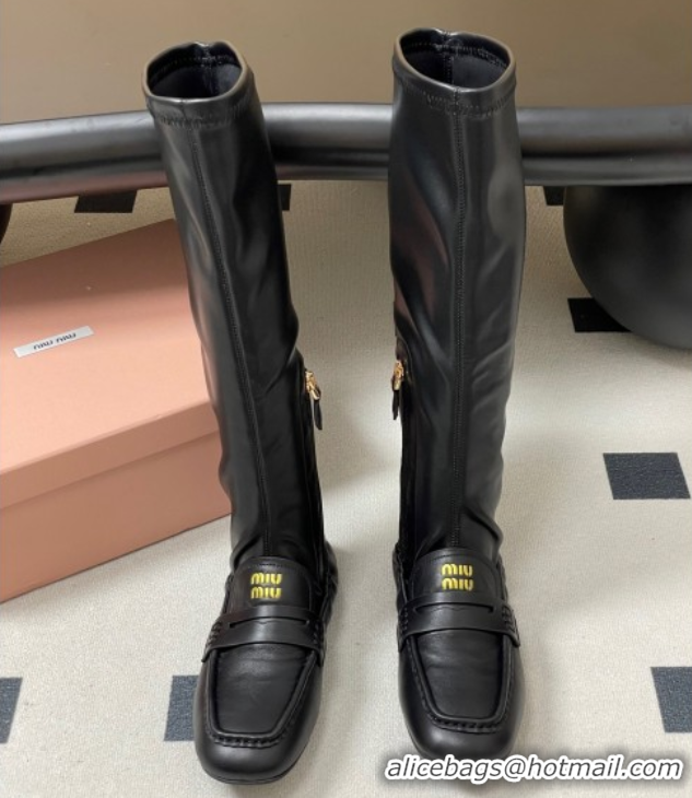 Shop Duplicate Miu Miu Ruches Nappa Leather Flat High Boots Black 5W482E 1024139 2025