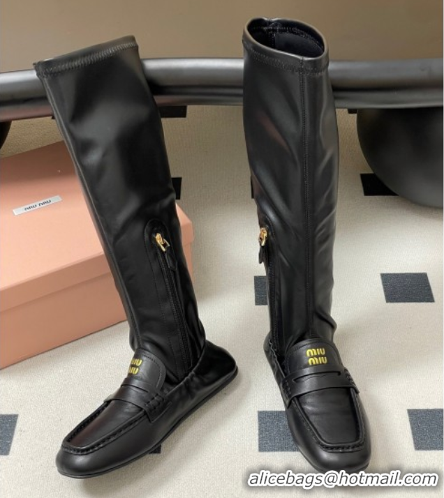Shop Duplicate Miu Miu Ruches Nappa Leather Flat High Boots Black 5W482E 1024139 2025
