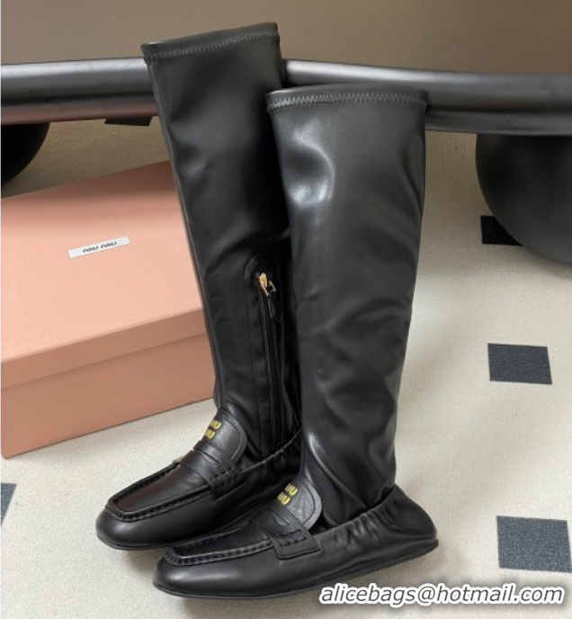 Shop Duplicate Miu Miu Ruches Nappa Leather Flat High Boots Black 5W482E 1024139 2025