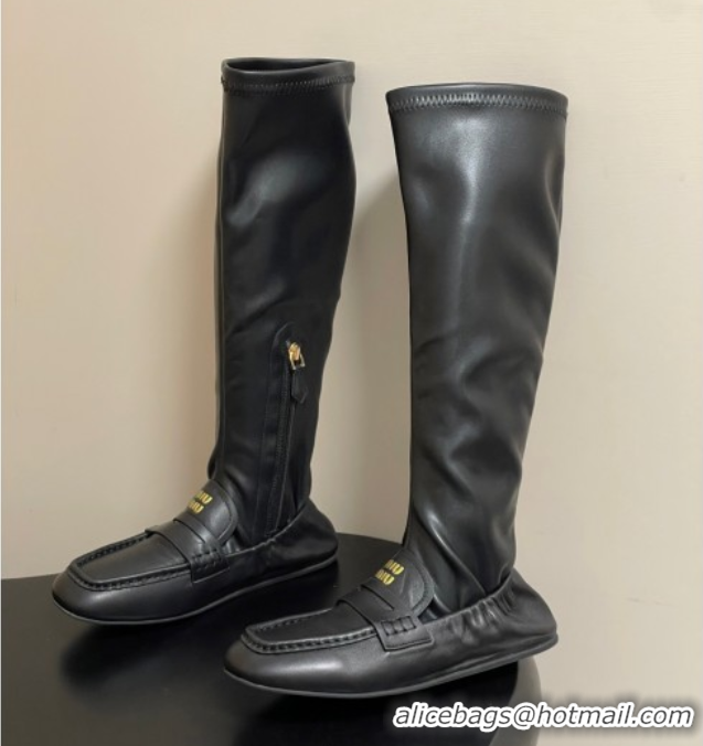 Shop Duplicate Miu Miu Ruches Nappa Leather Flat High Boots Black 5W482E 1024139 2025
