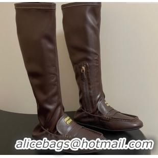 Unique Style Miu Miu Ruches Nappa Leather Flat High Boots Briarwood Brown 5W482E 1024140 2025