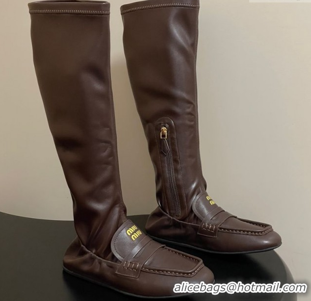 Unique Style Miu Miu Ruches Nappa Leather Flat High Boots Briarwood Brown 5W482E 1024140 2025