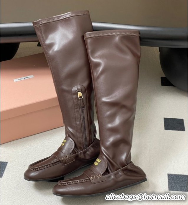 Unique Style Miu Miu Ruches Nappa Leather Flat High Boots Briarwood Brown 5W482E 1024140 2025
