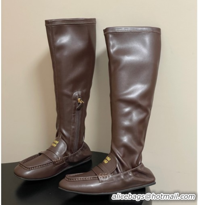 Unique Style Miu Miu Ruches Nappa Leather Flat High Boots Briarwood Brown 5W482E 1024140 2025