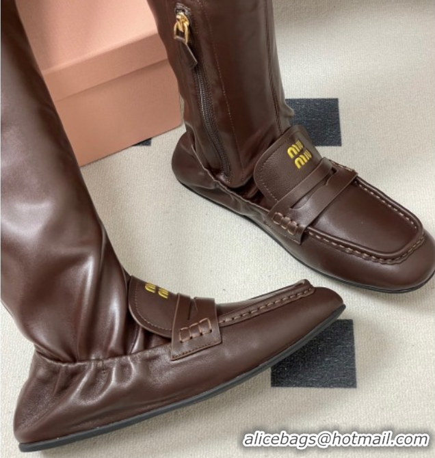 Unique Style Miu Miu Ruches Nappa Leather Flat High Boots Briarwood Brown 5W482E 1024140 2025