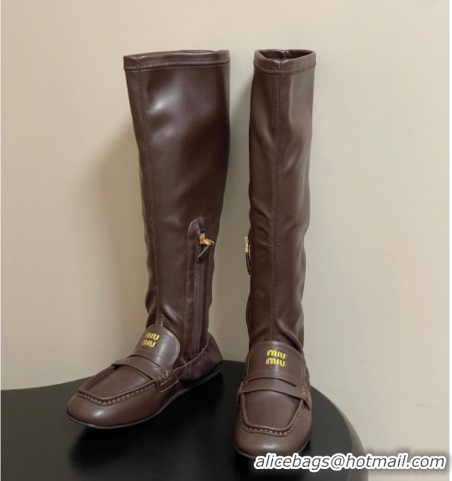 Unique Style Miu Miu Ruches Nappa Leather Flat High Boots Briarwood Brown 5W482E 1024140 2025