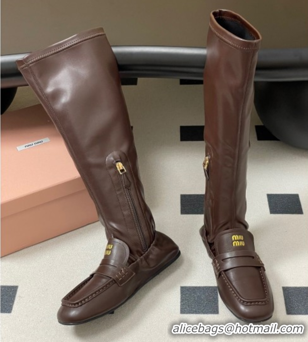 Unique Style Miu Miu Ruches Nappa Leather Flat High Boots Briarwood Brown 5W482E 1024140 2025