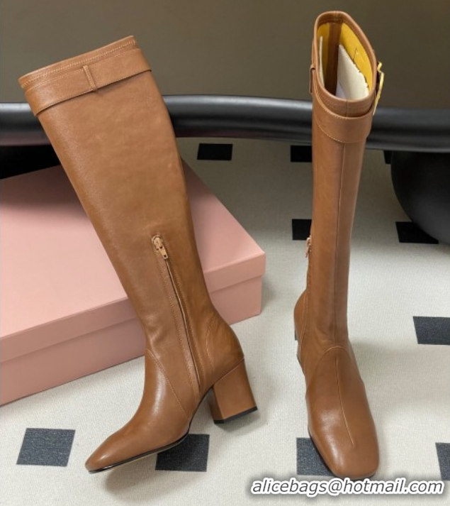 Best Product Miu Miu Nappa Leather Heel High Boots 6.5cm with Buckle Light Brown 5W548E 1024142 2025