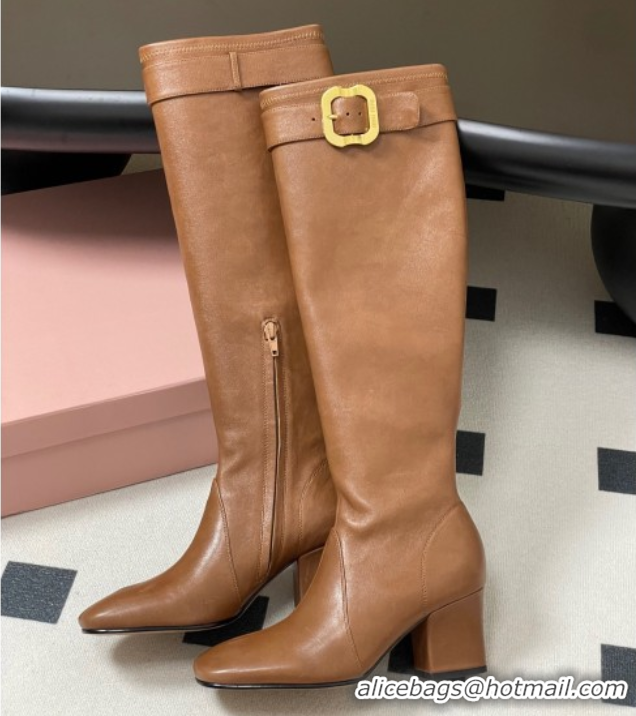 Best Product Miu Miu Nappa Leather Heel High Boots 6.5cm with Buckle Light Brown 5W548E 1024142 2025