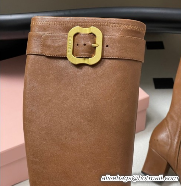 Best Product Miu Miu Nappa Leather Heel High Boots 6.5cm with Buckle Light Brown 5W548E 1024142 2025