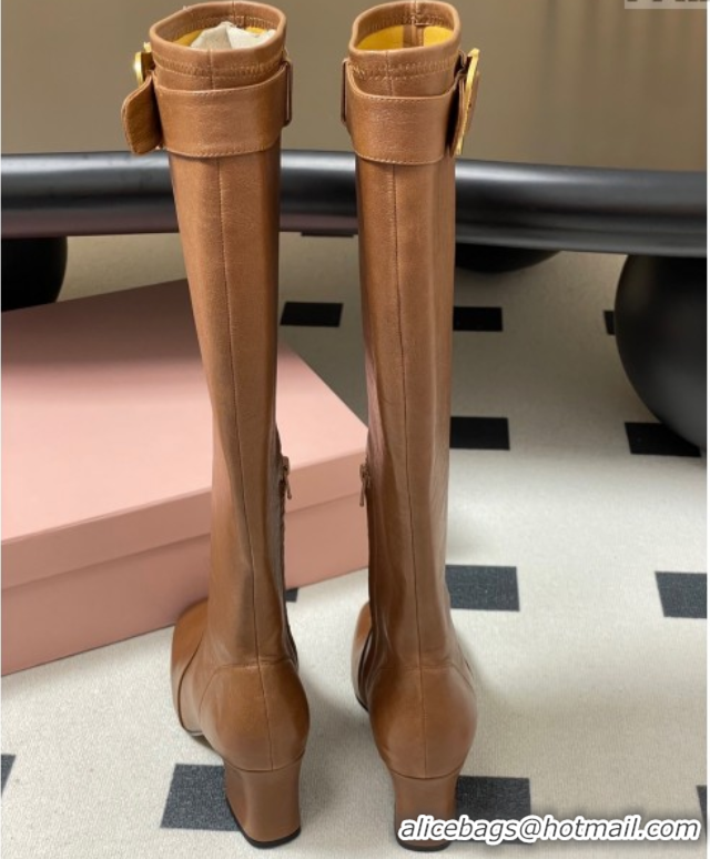 Best Product Miu Miu Nappa Leather Heel High Boots 6.5cm with Buckle Light Brown 5W548E 1024142 2025