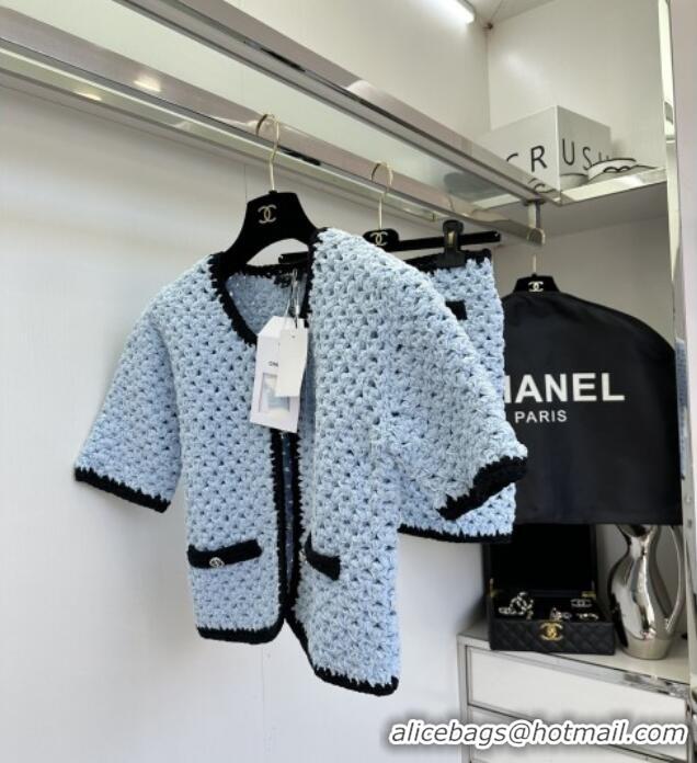 ​Unique Grade Chanel Knit Cardigan and Skirt CH090222 Blue 2025