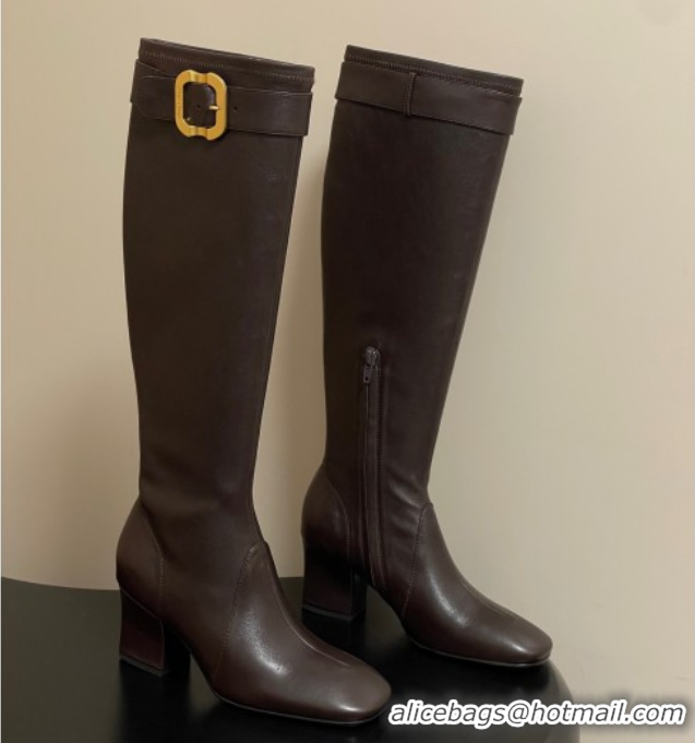 Good Product Miu Miu Nappa Leather Heel High Boots 6.5cm with Buckle Dark Brown 5W548E 1024143 2025