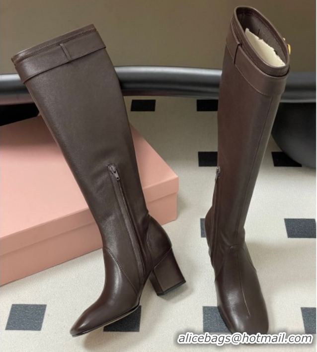 Good Product Miu Miu Nappa Leather Heel High Boots 6.5cm with Buckle Dark Brown 5W548E 1024143 2025
