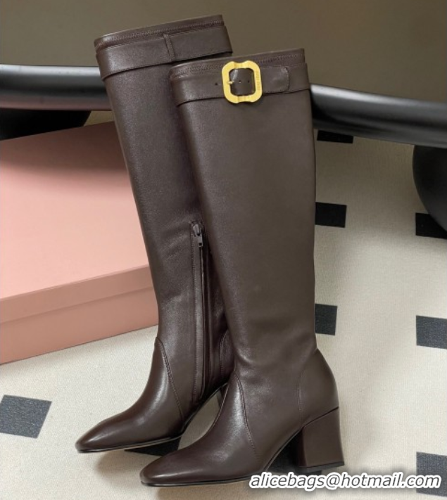 Good Product Miu Miu Nappa Leather Heel High Boots 6.5cm with Buckle Dark Brown 5W548E 1024143 2025
