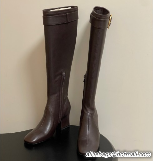 Good Product Miu Miu Nappa Leather Heel High Boots 6.5cm with Buckle Dark Brown 5W548E 1024143 2025