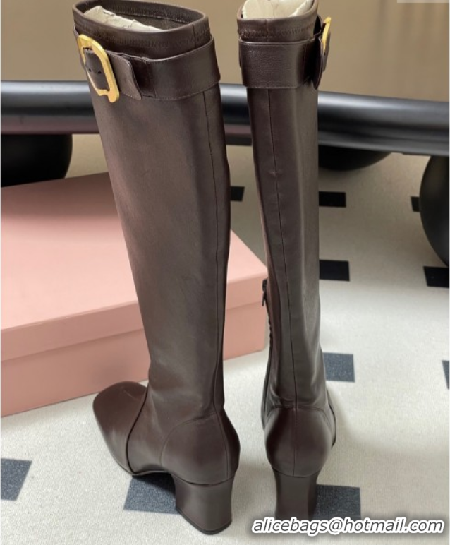 Good Product Miu Miu Nappa Leather Heel High Boots 6.5cm with Buckle Dark Brown 5W548E 1024143 2025