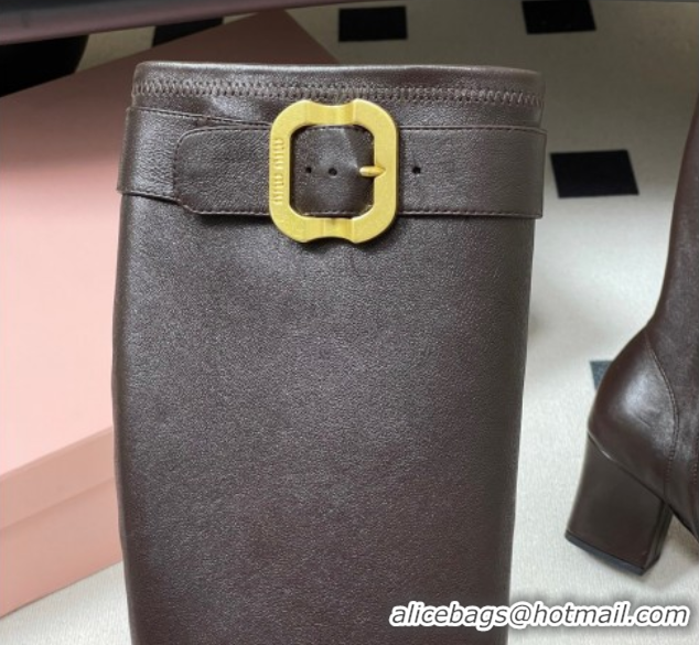 Good Product Miu Miu Nappa Leather Heel High Boots 6.5cm with Buckle Dark Brown 5W548E 1024143 2025
