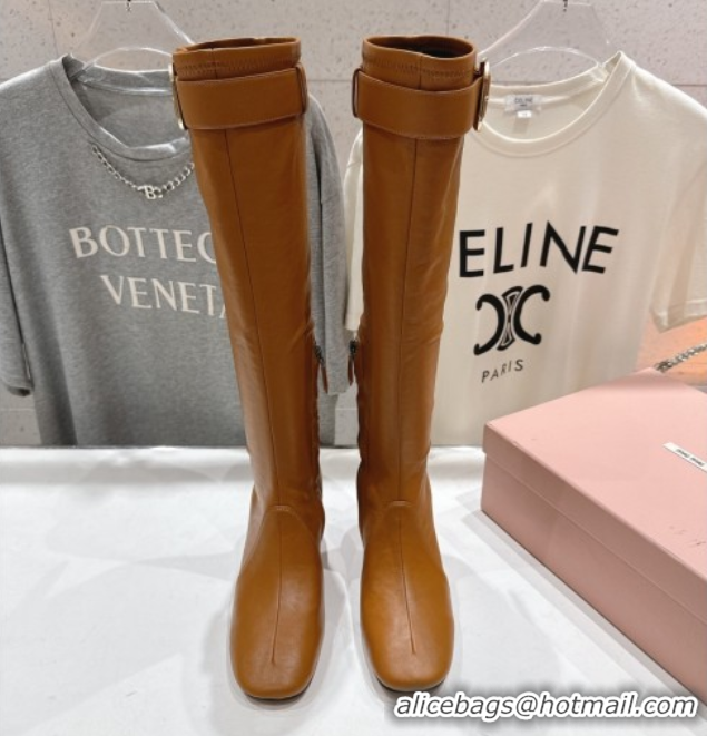 Purchase Miu Miu Nappa Leather Heel High Boots 6.5cm with Buckle Caramel Brown 5W548E 1024145 2025