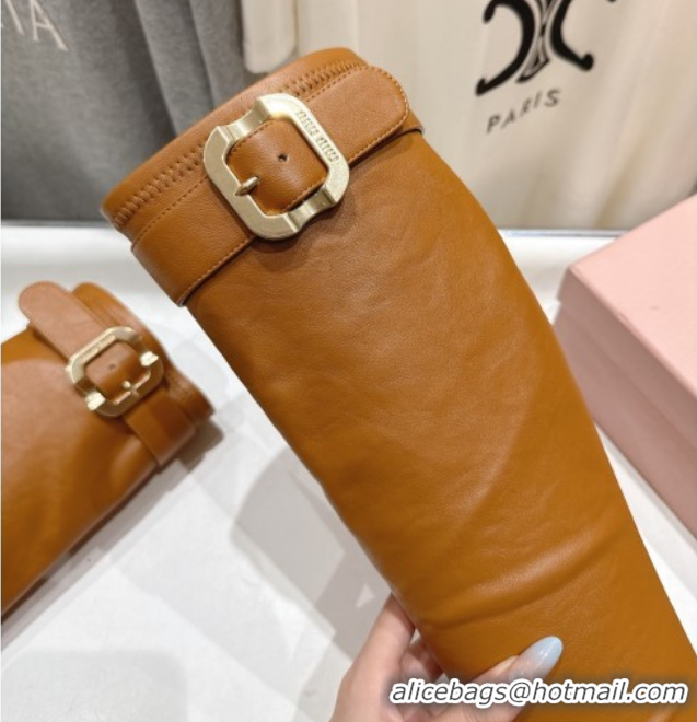 Purchase Miu Miu Nappa Leather Heel High Boots 6.5cm with Buckle Caramel Brown 5W548E 1024145 2025
