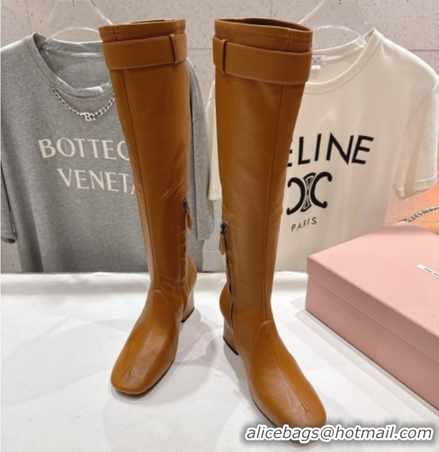 Purchase Miu Miu Nappa Leather Heel High Boots 6.5cm with Buckle Caramel Brown 5W548E 1024145 2025