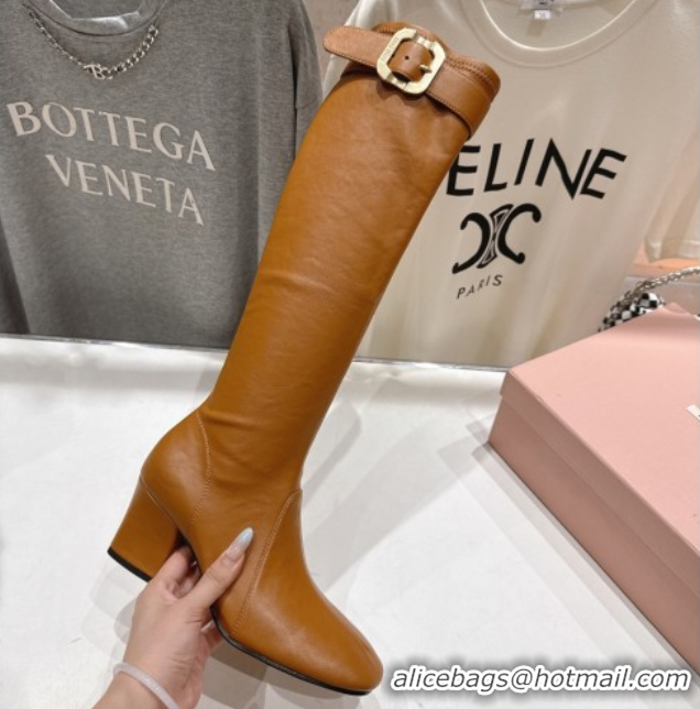 Purchase Miu Miu Nappa Leather Heel High Boots 6.5cm with Buckle Caramel Brown 5W548E 1024145 2025