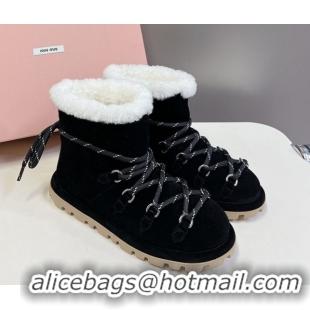 Stylish Miu Miu Suede and Wool Laced-up Flat Ankle Boots Black MM102407 1024146 2025