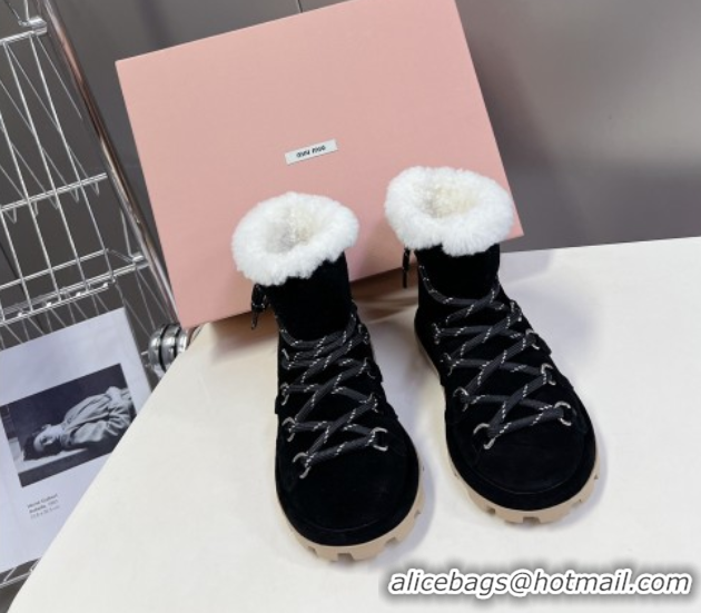 Stylish Miu Miu Suede and Wool Laced-up Flat Ankle Boots Black MM102407 1024146 2025