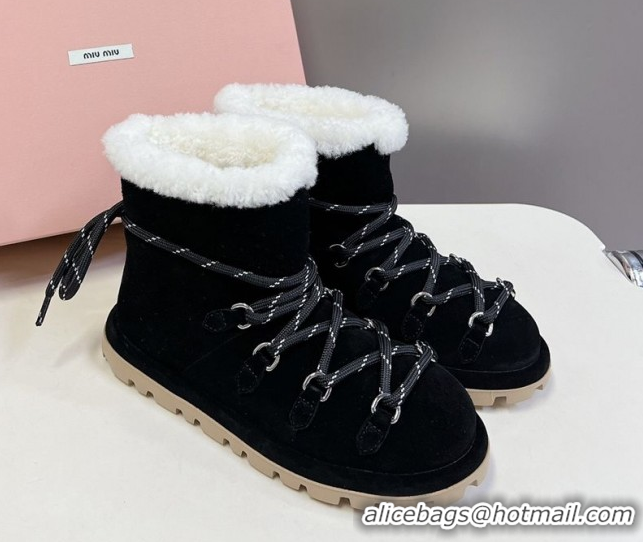 Stylish Miu Miu Suede and Wool Laced-up Flat Ankle Boots Black MM102407 1024146 2025