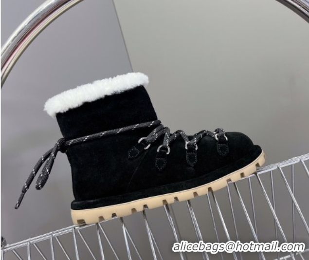 Stylish Miu Miu Suede and Wool Laced-up Flat Ankle Boots Black MM102407 1024146 2025