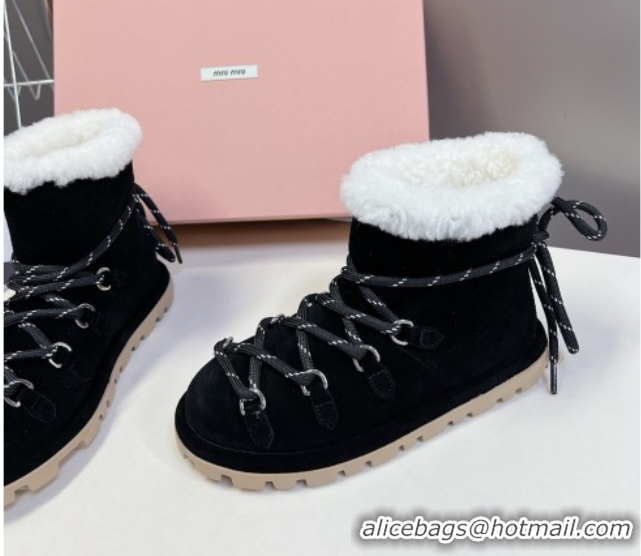 Stylish Miu Miu Suede and Wool Laced-up Flat Ankle Boots Black MM102407 1024146 2025