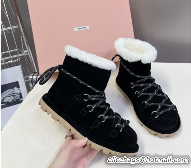 Stylish Miu Miu Suede and Wool Laced-up Flat Ankle Boots Black MM102407 1024146 2025