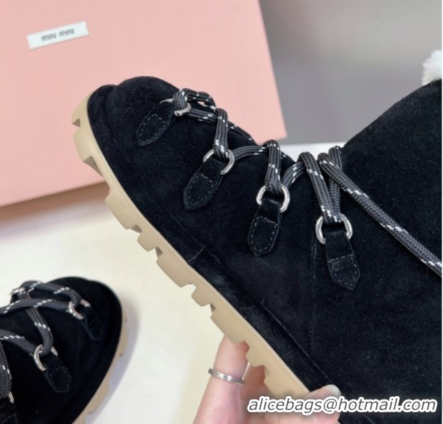 Stylish Miu Miu Suede and Wool Laced-up Flat Ankle Boots Black MM102407 1024146 2025