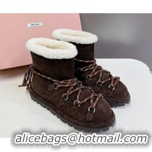 Charming Miu Miu Suede and Wool Laced-up Flat Ankle Boots Dark Brown MM102407 1024147 2025