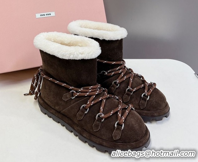 Charming Miu Miu Suede and Wool Laced-up Flat Ankle Boots Dark Brown MM102407 1024147 2025