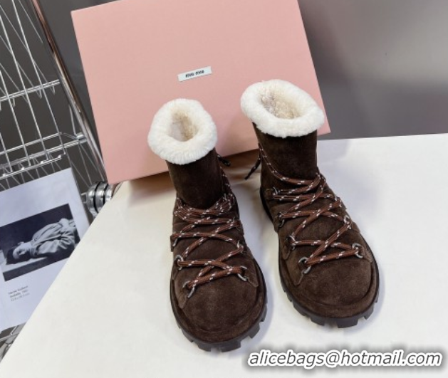 Charming Miu Miu Suede and Wool Laced-up Flat Ankle Boots Dark Brown MM102407 1024147 2025