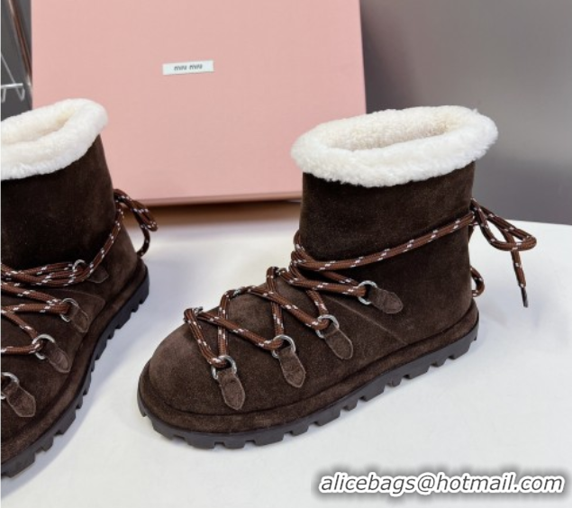 Charming Miu Miu Suede and Wool Laced-up Flat Ankle Boots Dark Brown MM102407 1024147 2025